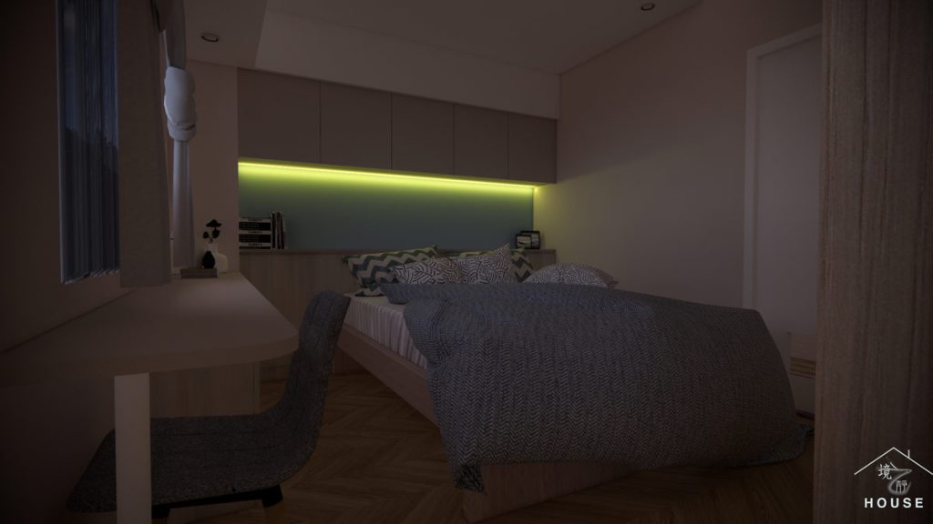 現代簡約臥室，床頭上方隱藏燈帶設計，暖黃色間接照明點亮床頭與收納櫃，為臥室打造多層次且柔和的夜間光線