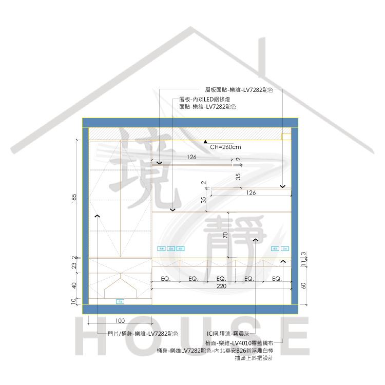完整的室內設計立面系統圖，標註了櫃體尺寸如總高 185cm、總寬 220cm，並註明了 LV7282 配色門片、LED 燈和抽頭上斜把設計等材質與細節。